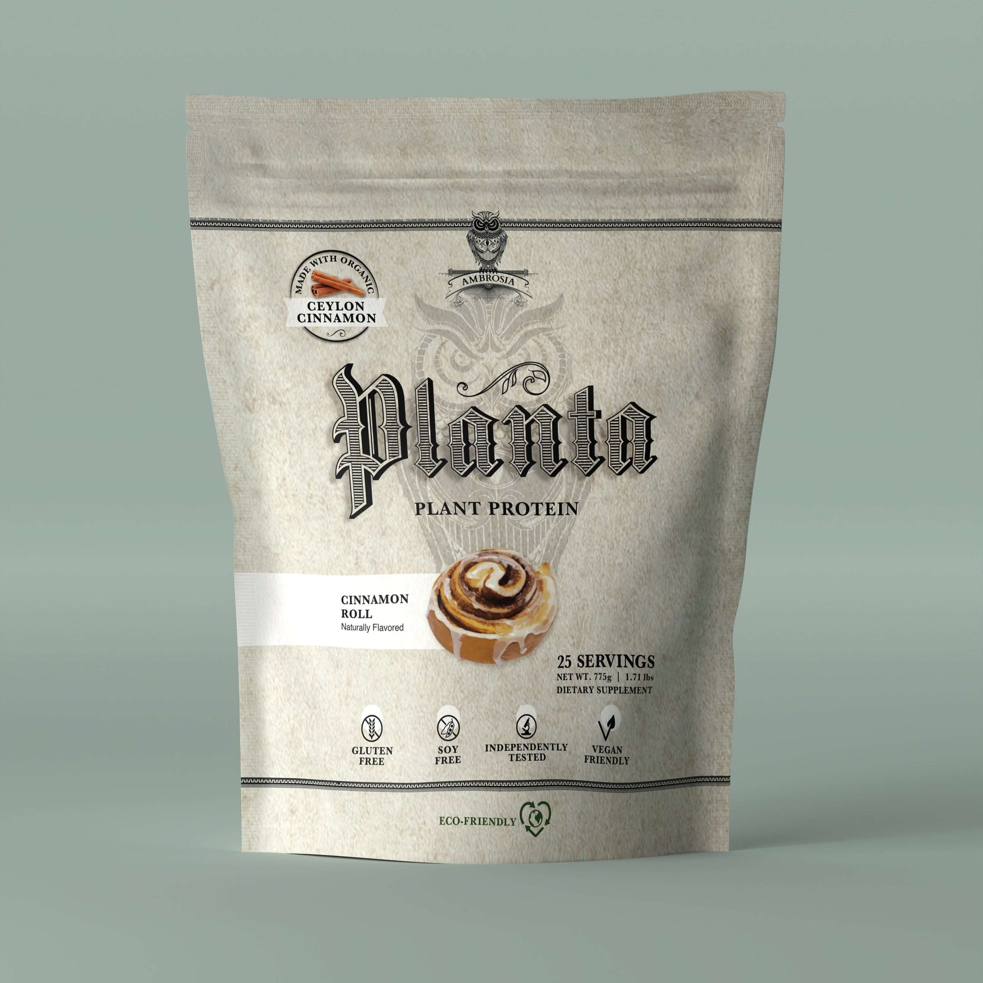 Planta - Premium Plant Protein. Cinnamon Roll flavor, eco-friendly packaging, 25 servings, gluten free.