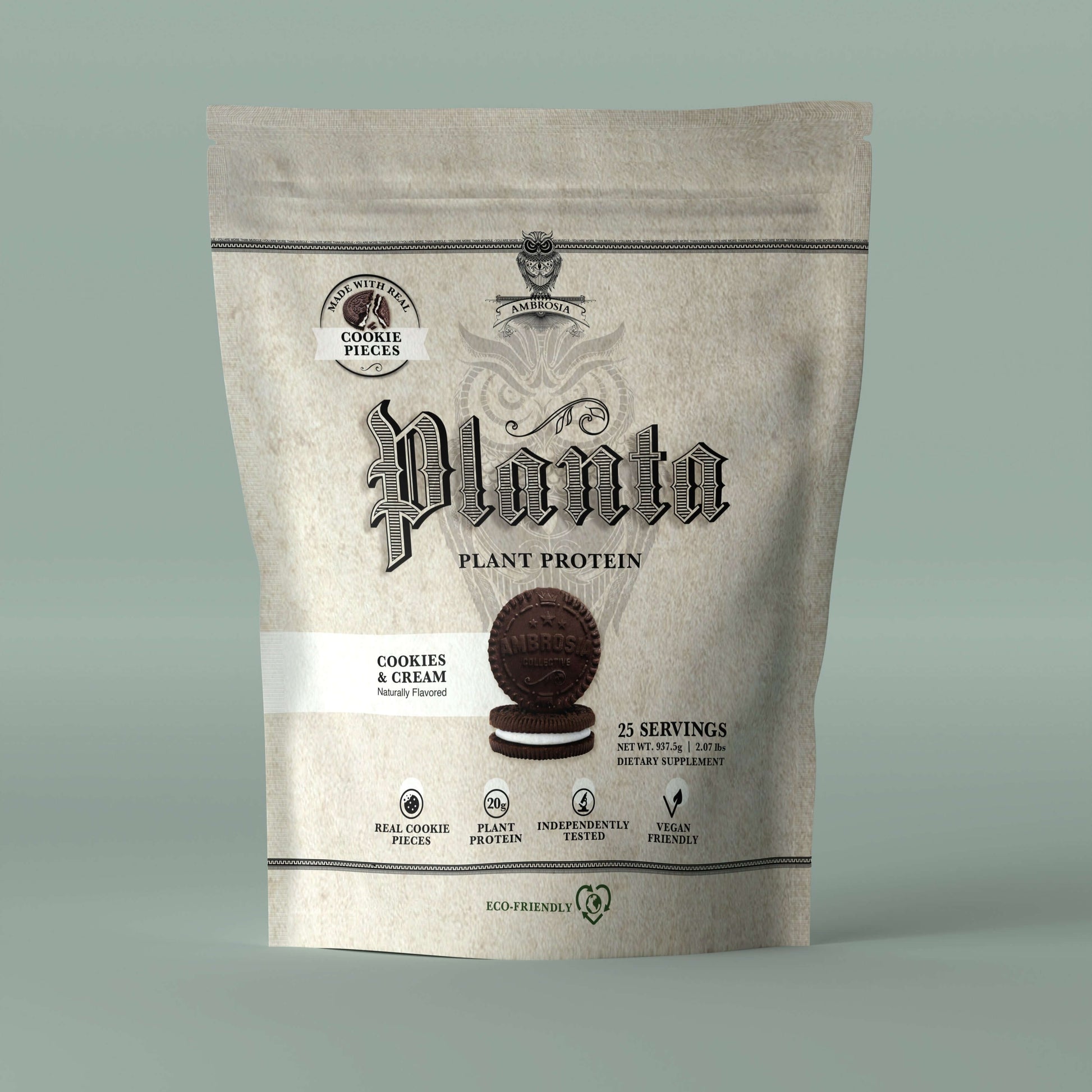 Planta - Premium Plant Protein Cookies & Cream flavor package showcasing real cookie pieces and vegan protein content.