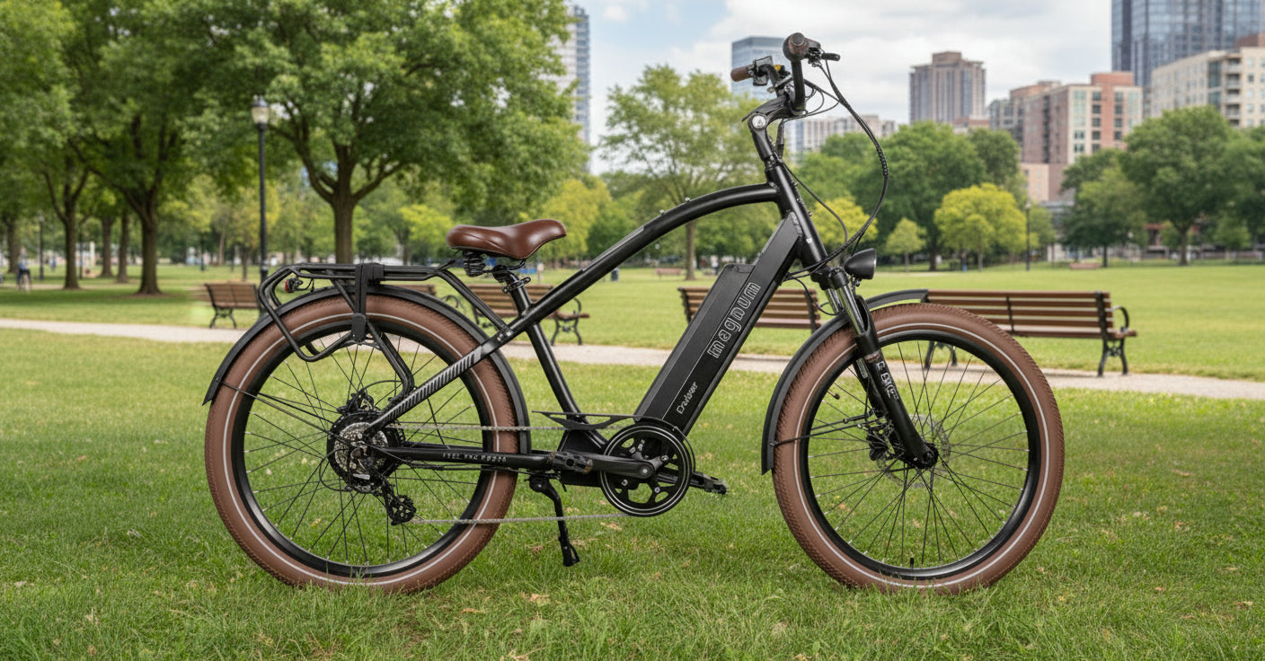 Cruiser 2.0 Beach Cruiser electric bike with brown accents and sleek design, ideal for commuting and urban riding.