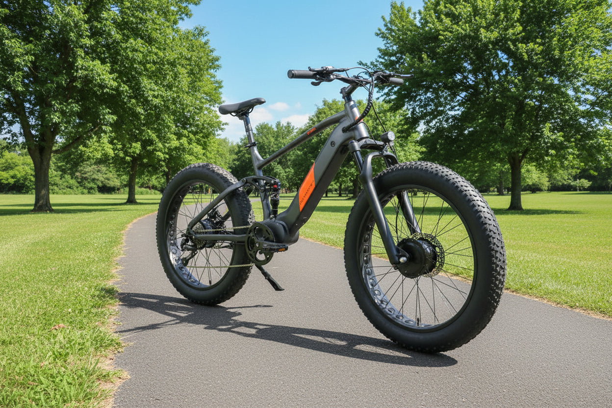 DEFENDER-S Performance Ebike featuring a front and rear BAFANG motor, designed for rugged terrain with fat tires.