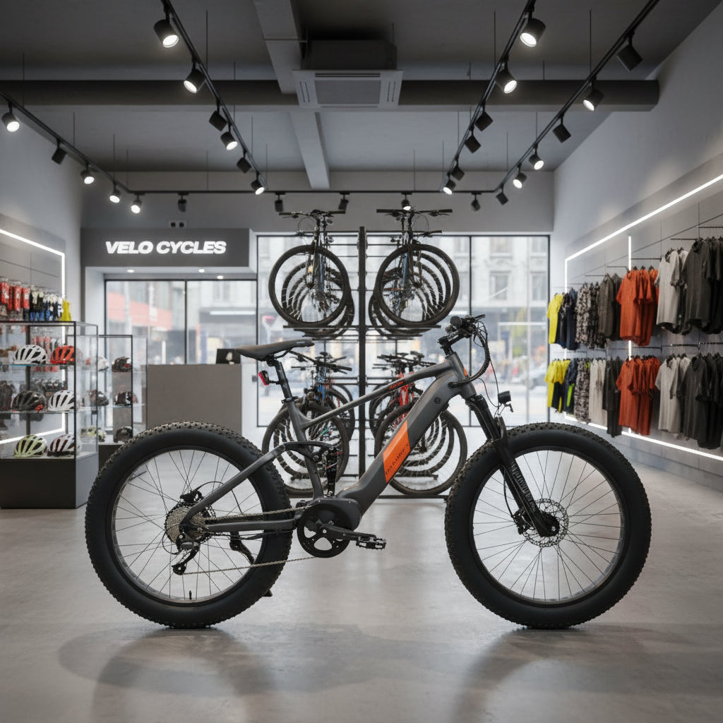 EUNORAU DEFENDER S Performance Ebike displayed in a modern bicycle shop with various accessories.