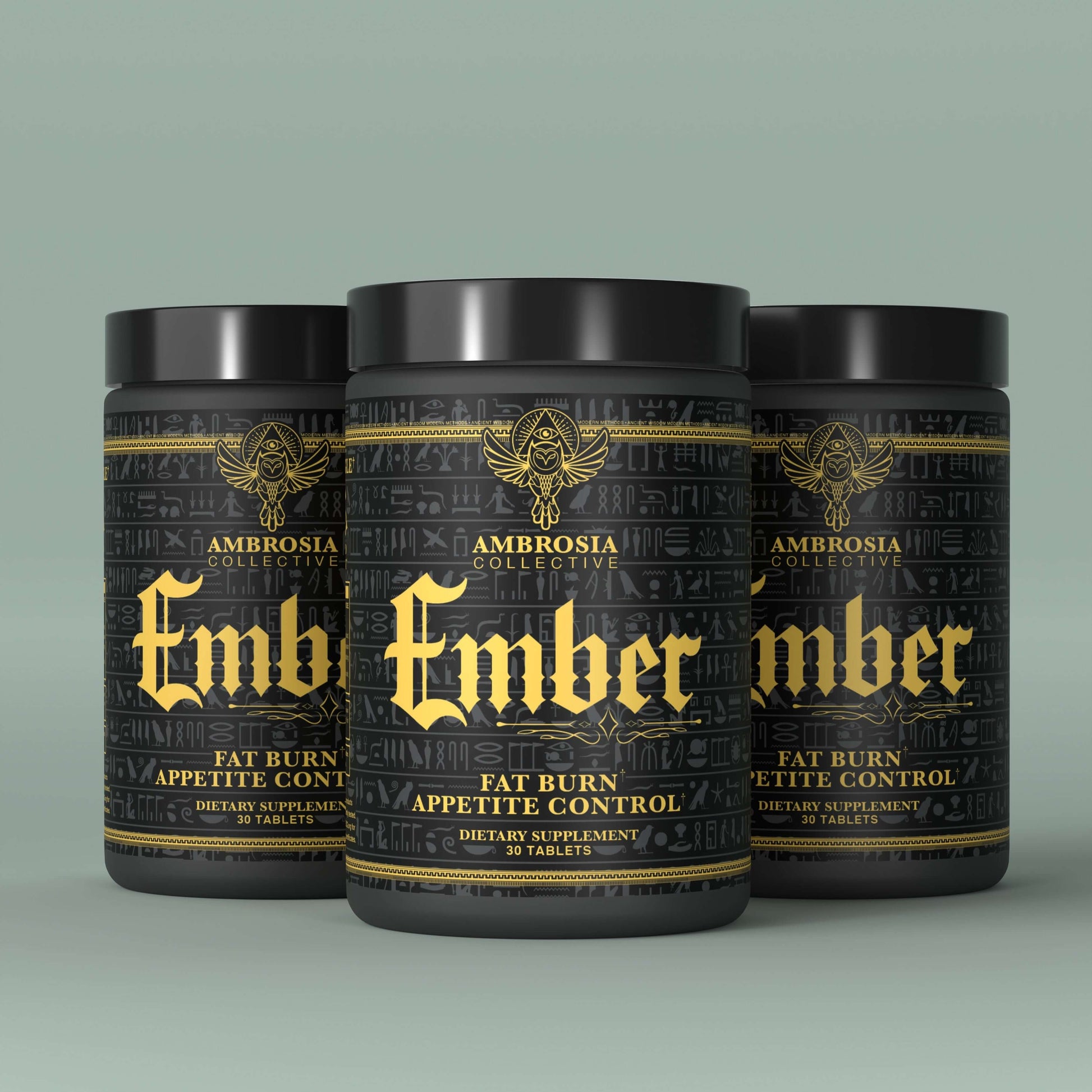 Ember Fat Burner dietary supplement jars for fat burn and appetite control, featuring sleek black packaging.