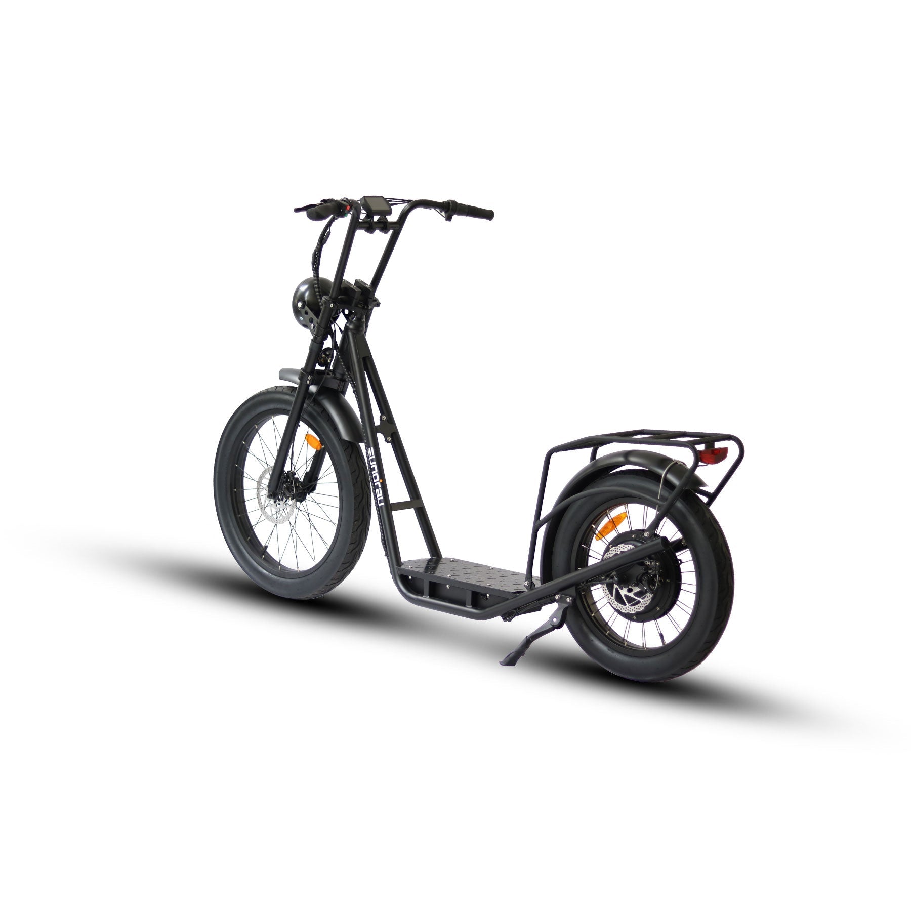 EUNORAU JUMBO ELECTRIC SCOOTER standing on display showcasing its robust design and large wheels.