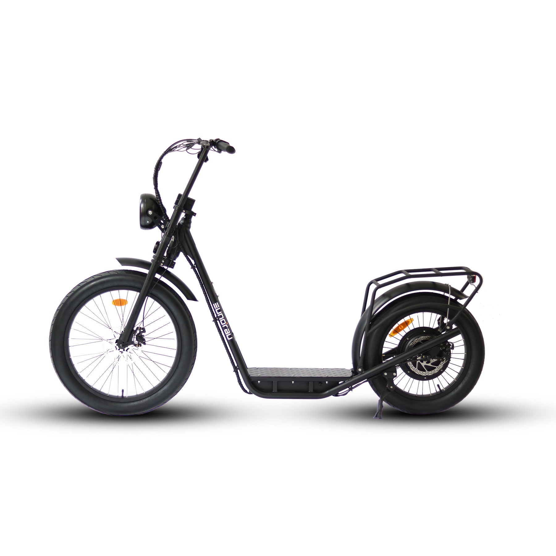 EUNORAU JUMBO ELECTRIC SCOOTER side view showing large wheels and sturdy design for stable rides.