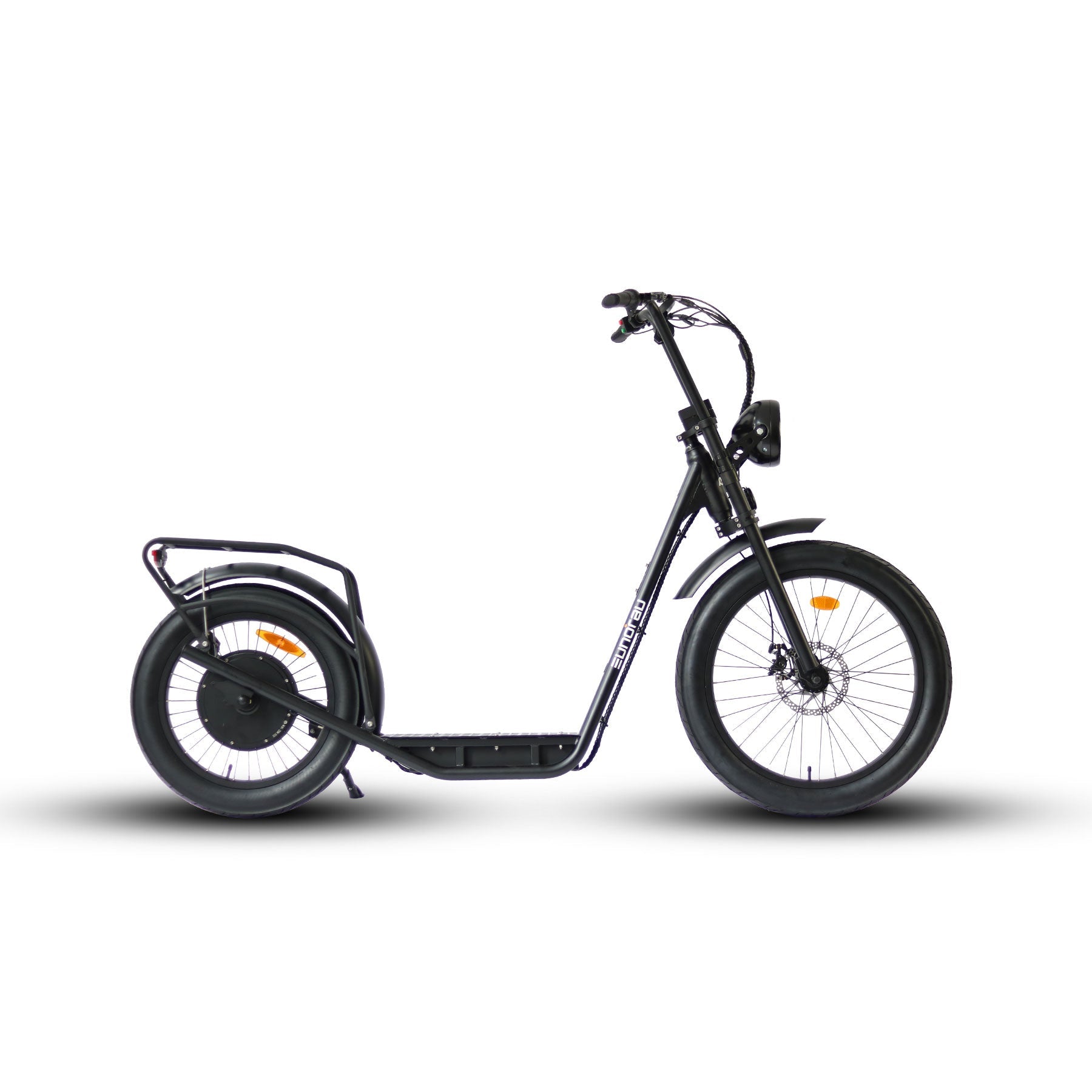 EUNORAU JUMBO ELECTRIC SCOOTER showcasing a sleek black design with sturdy tires and a kickstand.