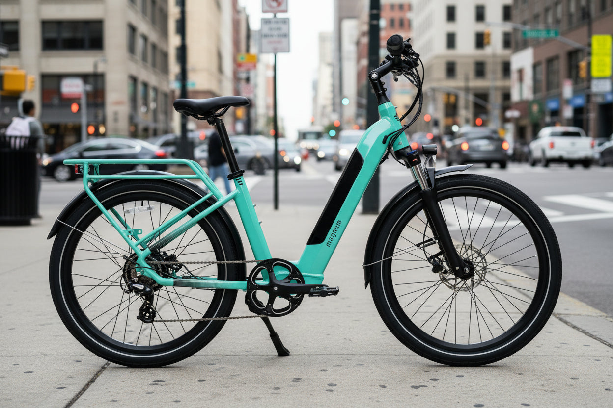 Cosmo 2.0 T Cruiser Ebike with light low-step frame and integrated battery in turquoise color.