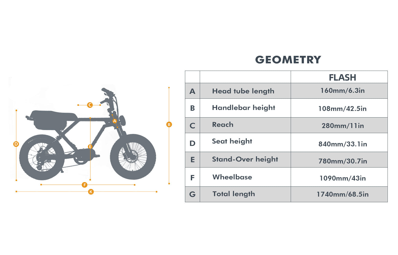 Flash Ebike geometry specifications with detailed measurements for optimal performance and comfort.