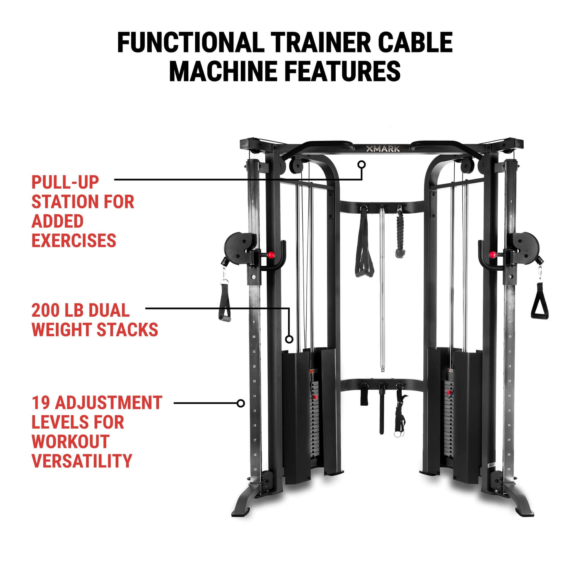 Functional Trainer Cable Machine with Dual 200 lb Weight Stacks features 200 lb dual weight stacks and pull-up station.