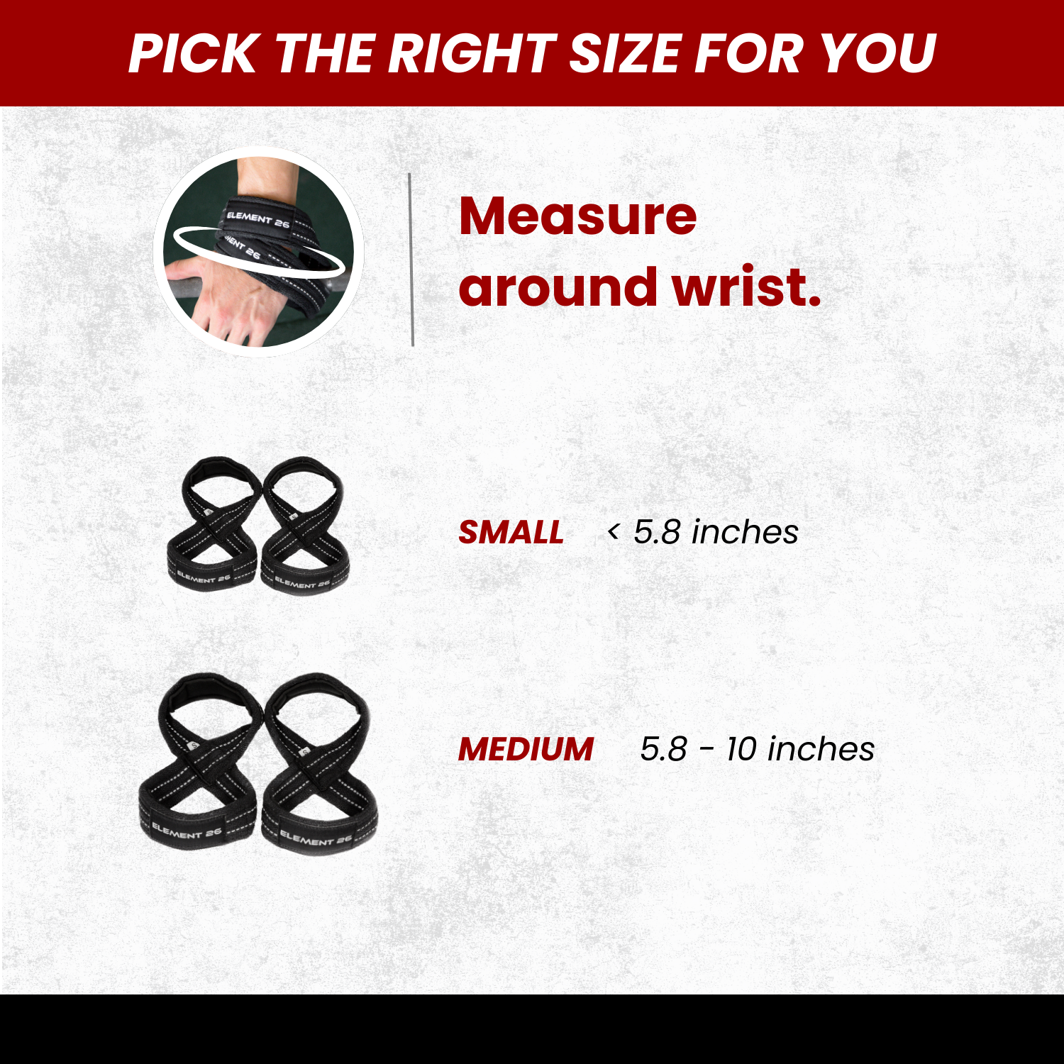 Size guide for Padded Figure 8 Weightlifting Straps showing small and medium sizes with wrist measurement instructions.