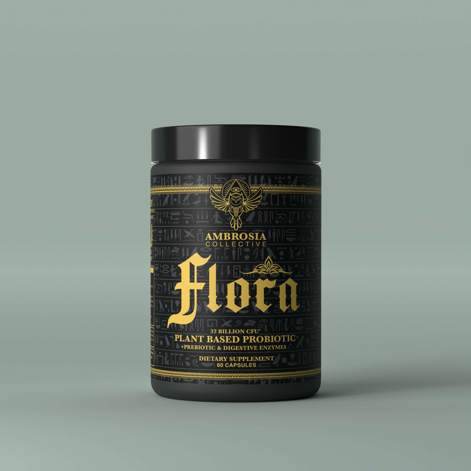 Flora Vegan Prebiotic Blend in a black container with gold text, highlighting plant-based probiotic capsules.