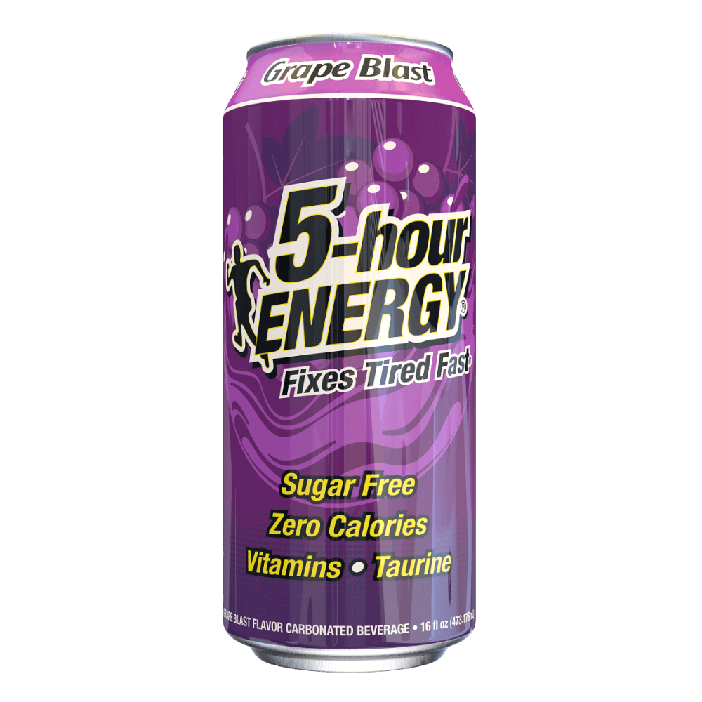 Grape Blast Flavor Extra Strength 5-hour ENERGY Drink 12-pack can, sugar-free, zero calories, vitamins, taurine.