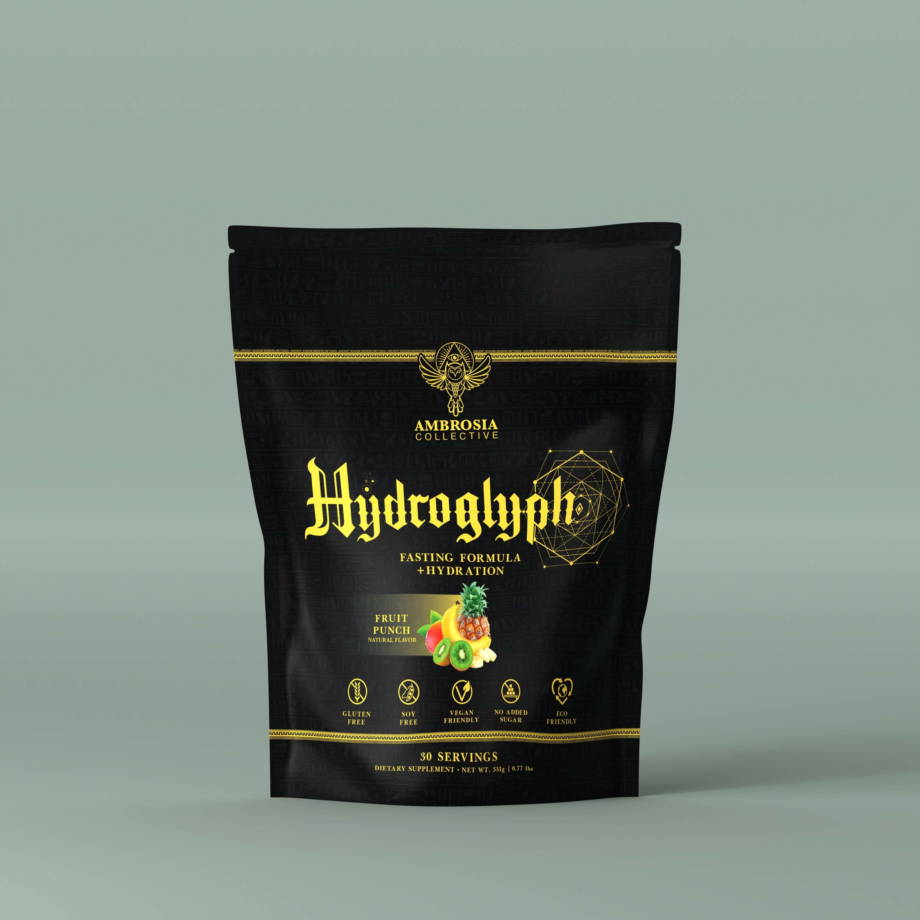 Hydroglyph - Lean Muscle Hydration, a fasting formula hydration product in a black pouch with fruit punch flavor.