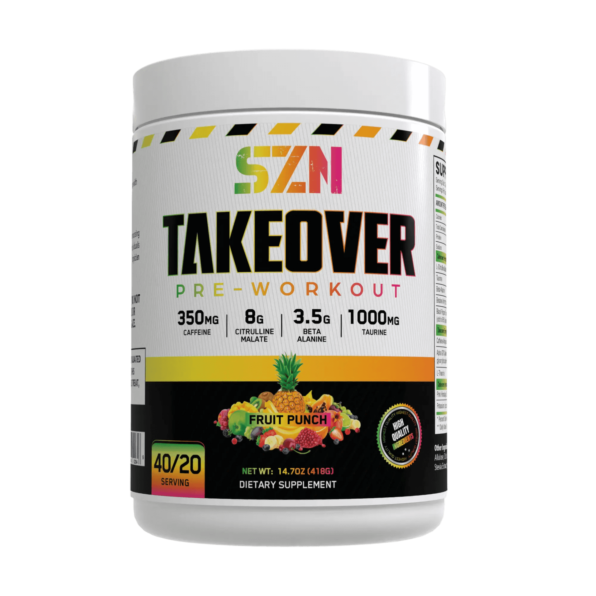SZN Takeover Pre-Workout supplement container with fruit punch flavor and key ingredients listed.