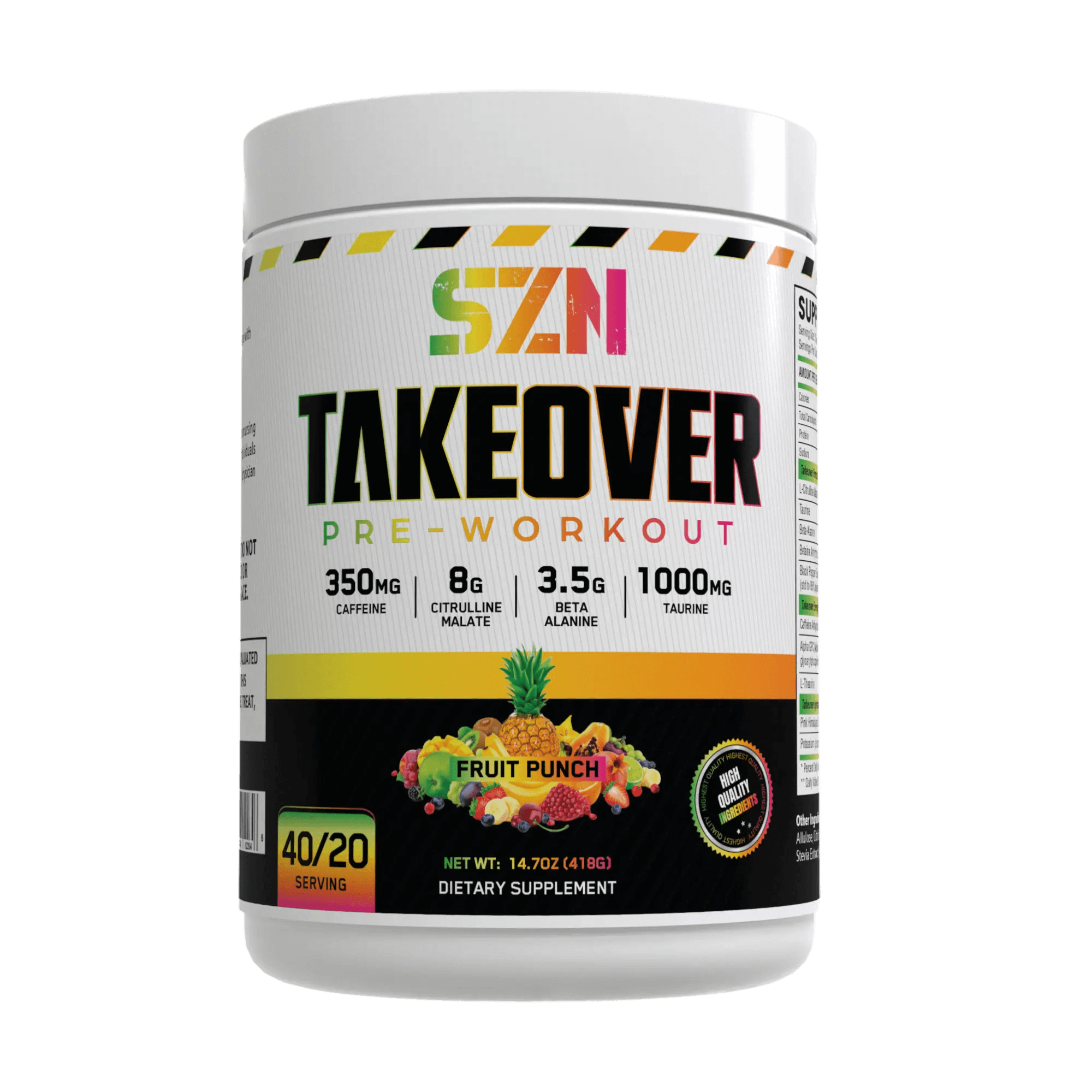 SZN Takeover Pre-Workout supplement container with fruit punch flavor and key ingredients listed.