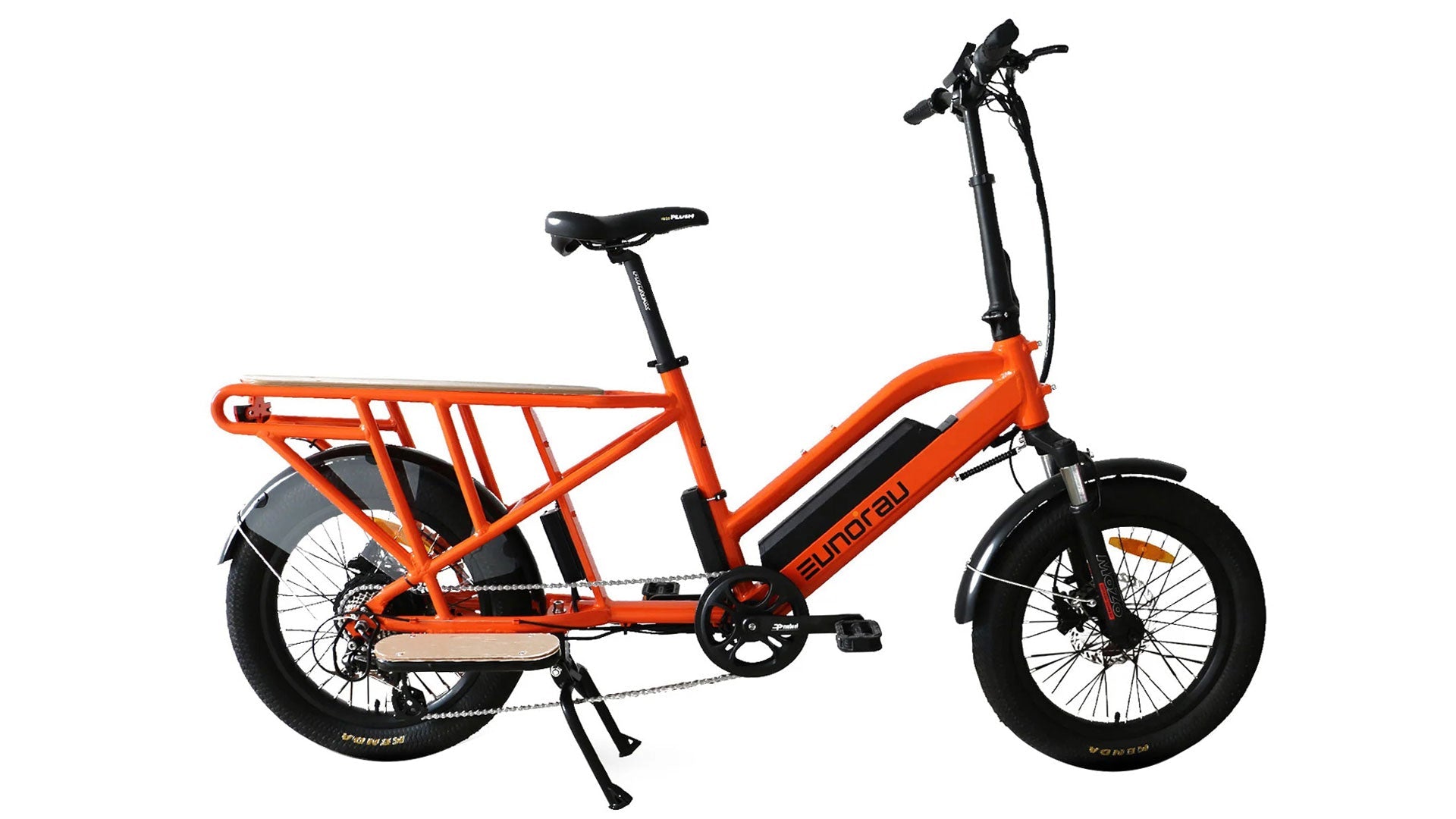 G30-CARGO CITY EBIKE in vibrant orange color with a sturdy cargo frame and 20" city tires.
