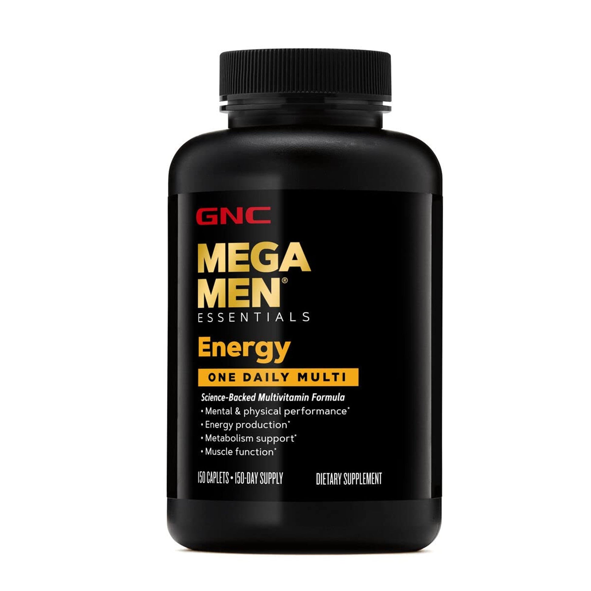GNC Mega Men Energy Essentials One Daily Multi bottle containing 150 caplets for men's energy and wellness support.