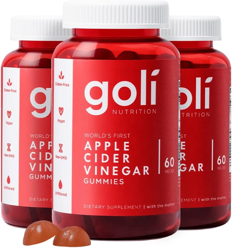 Goli Apple Cider Vinegar Vegan Gummies - 3 pack of bottles, 60 gummies each, featuring gluten-free and vegan labels.