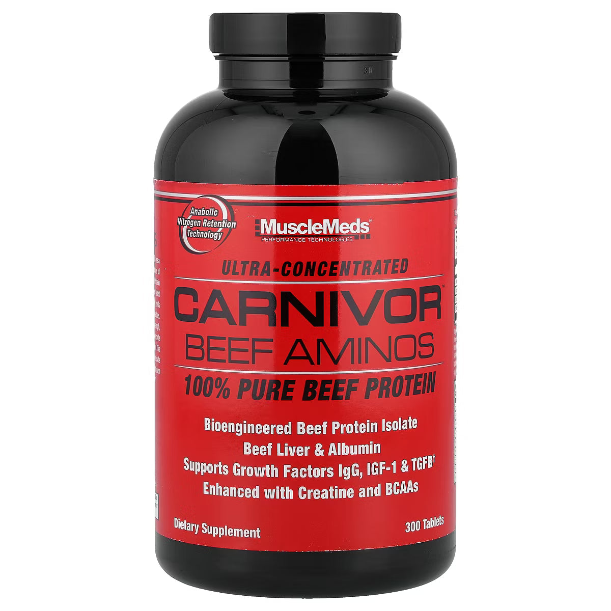 Musclemeds Carnivor Beef Aminos 300 Tablets supplement bottle with bioengineered beef protein isolate.