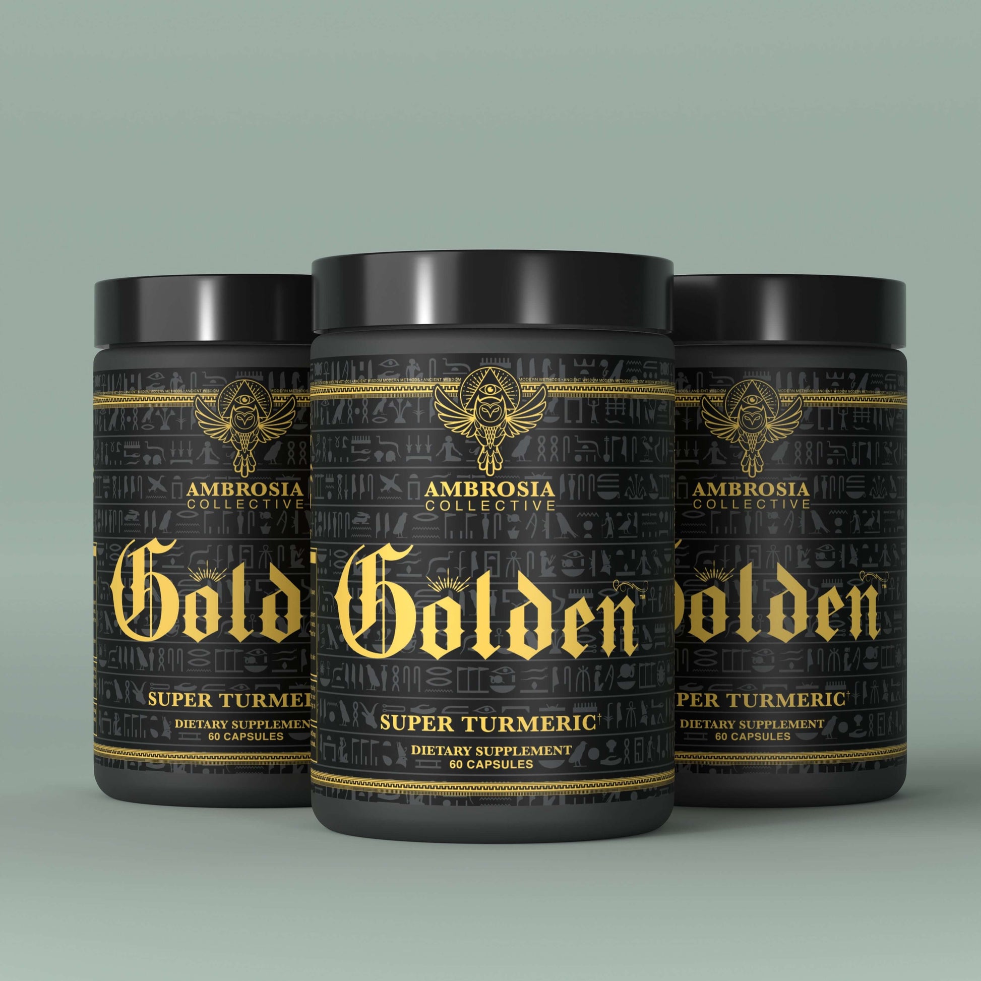 Golden Super Turmeric by Ambrosia - Black supplement bottles with gold labeling, 60 capsules each.