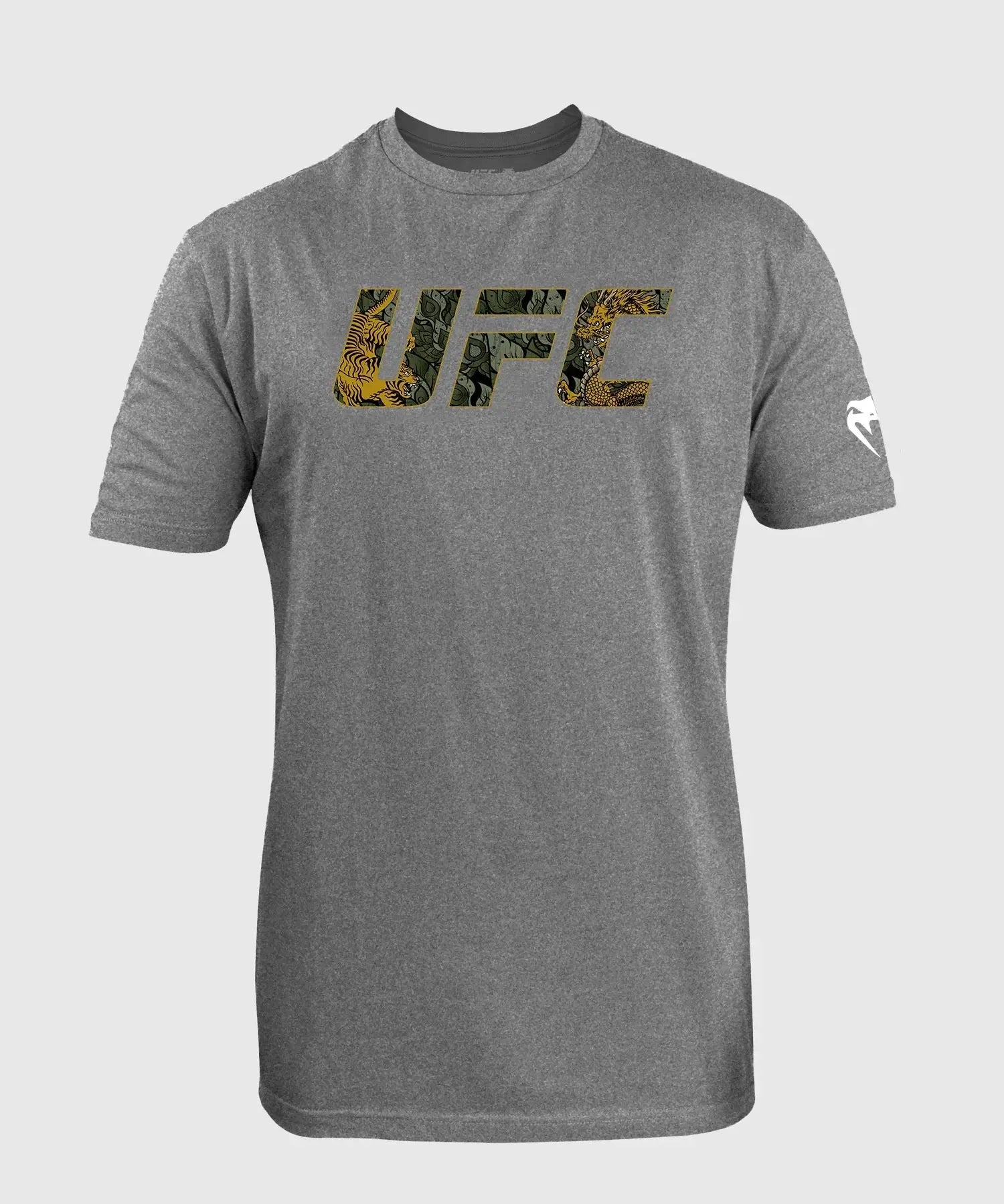 UFC Unrivaled Valentina Shevchenko T-shirt featuring camouflage UFC logo on a gray background.