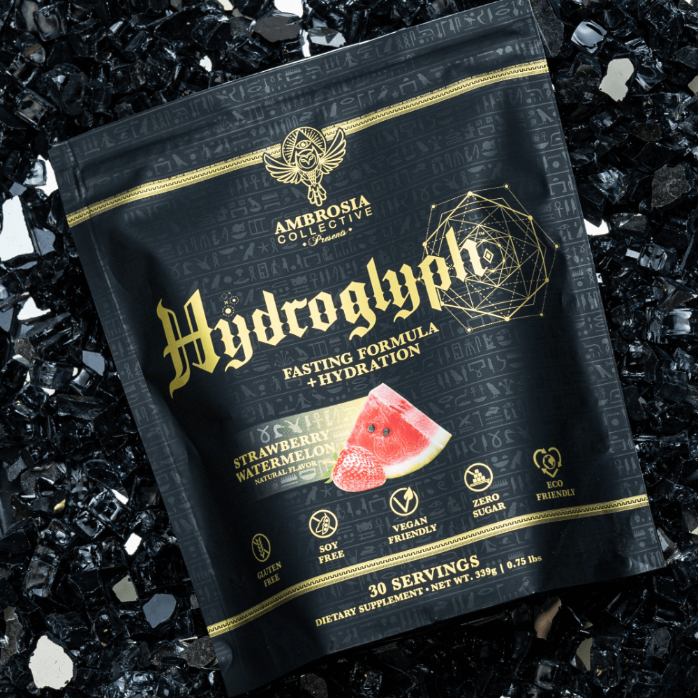 Hydroglyph - Lean Muscle Hydration supplement pack featuring Strawberry Watermelon flavor and black background.