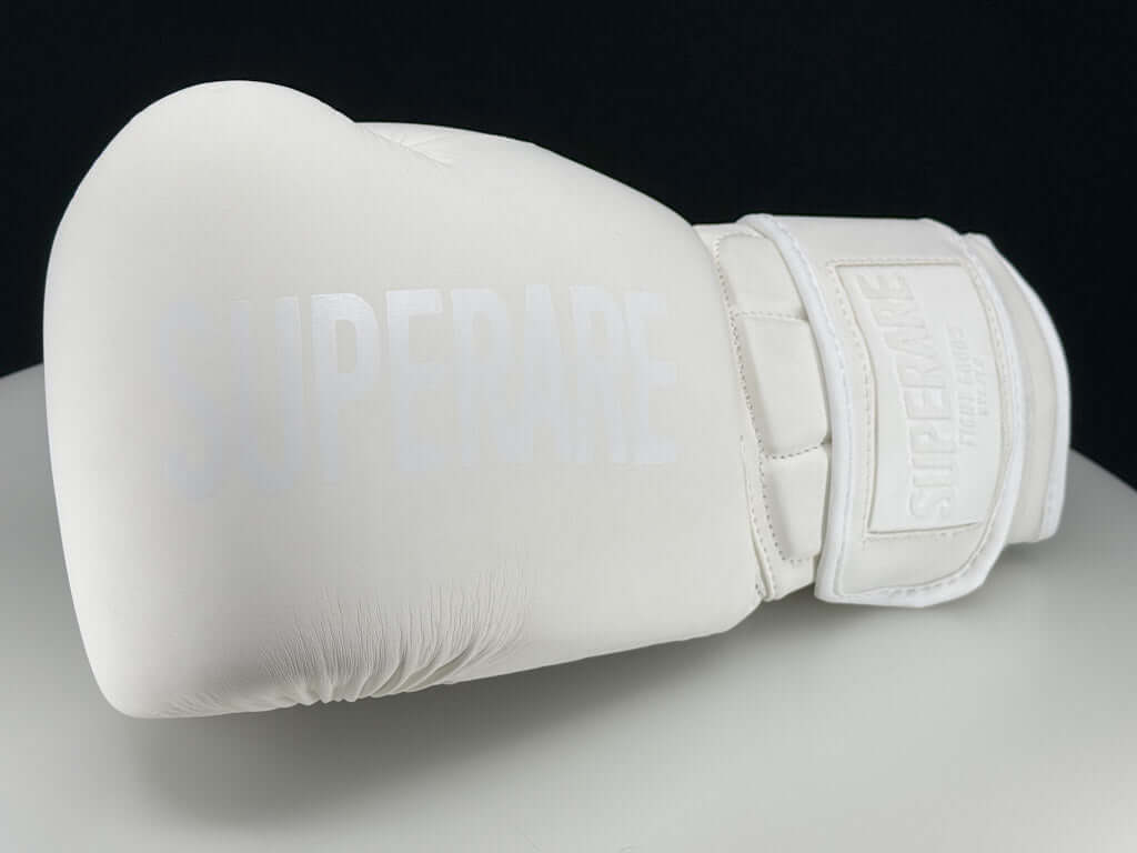 Superare Supergel V Boxing Gloves in white, perfect for boxing, Muay Thai, and Kickboxing.