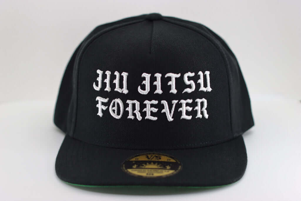Jiu Jitsu Forever SnapBack Hat - flat brim featuring 3D puff embroidery and a green flat brim.