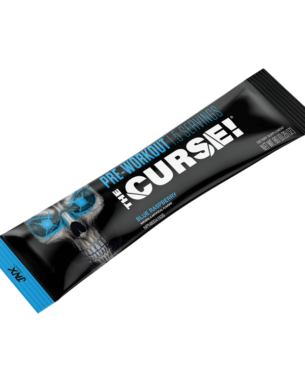 The Curse Pre-Workout Stick in blue raspberry flavor, convenient single serve packaging.
