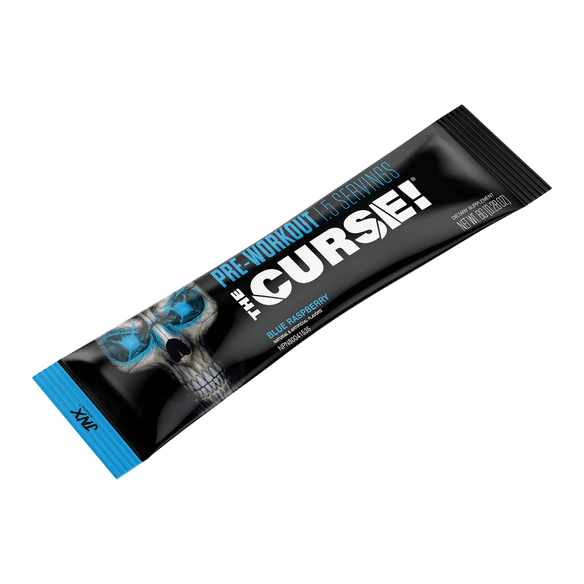The Curse Pre-Workout Stick in blue raspberry flavor, convenient single serve packaging.