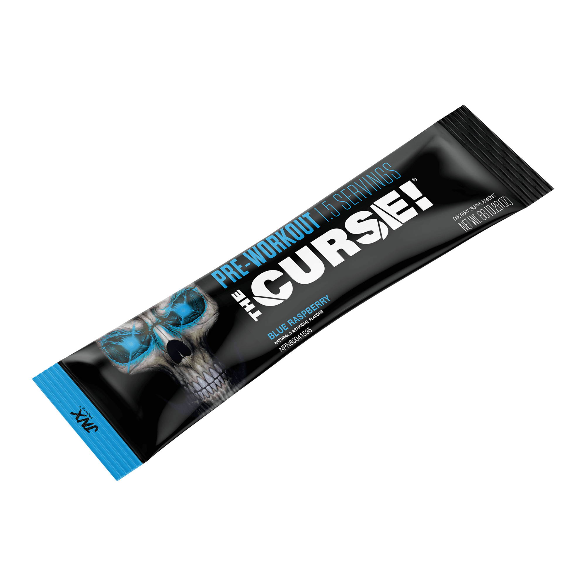 The Curse Pre-Workout Stick in blue raspberry flavor, convenient single serve packaging.