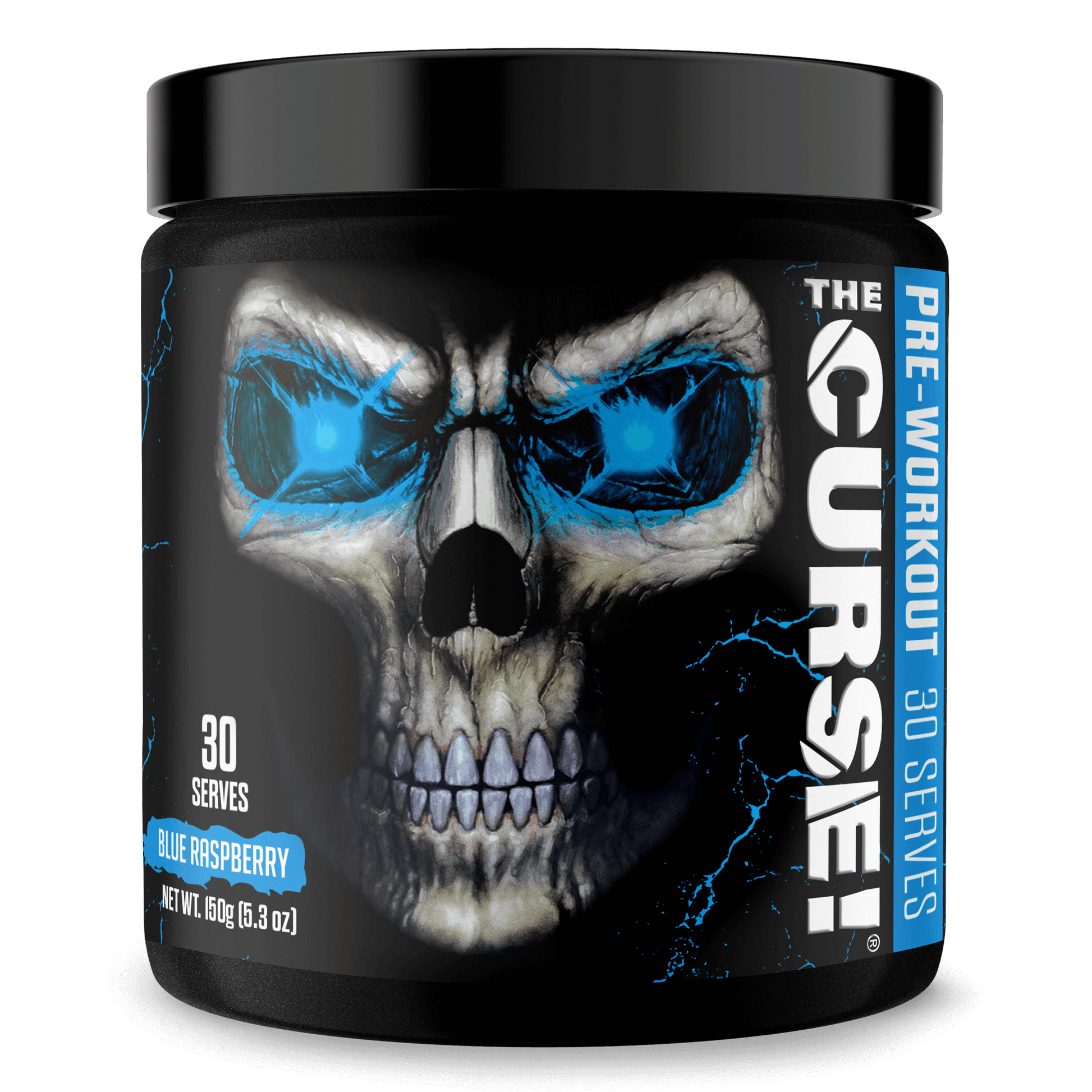 The Curse Pre-Workout 30 Servings in Blue Raspberry flavor, featuring a skull design, available in a 30-serving container.
