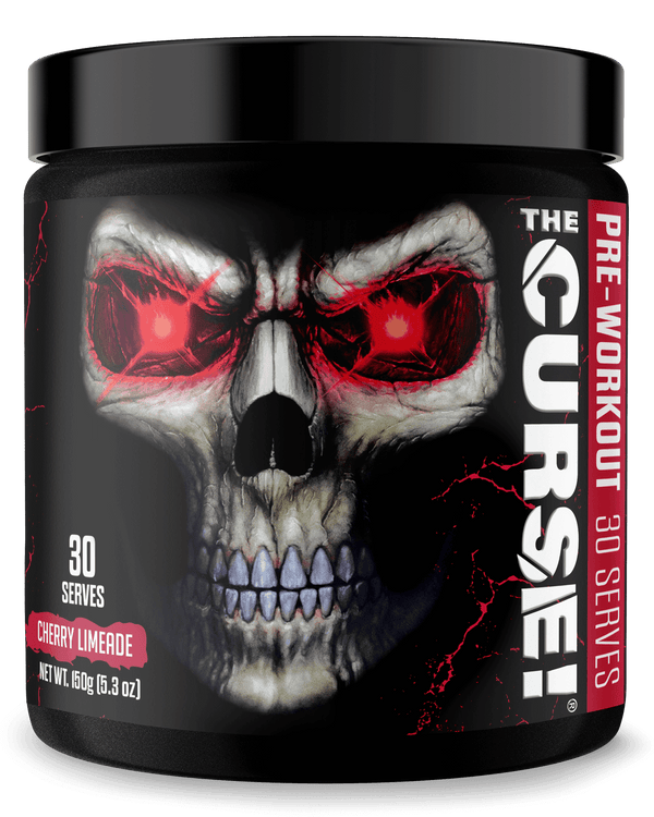 The Curse Pre-Workout 30 Servings Cherry Limeade flavor product image with skull design.