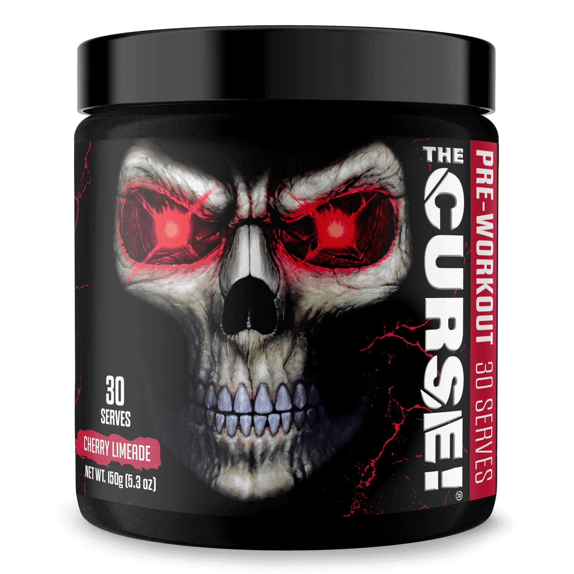 The Curse Pre-Workout 30 Servings Cherry Limeade flavor product image with skull design.