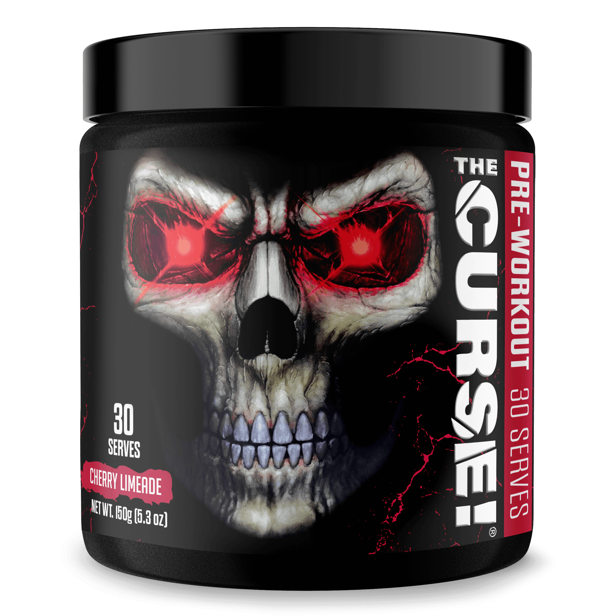 The Curse Pre-Workout 30 Servings Cherry Limeade flavor product image with skull design.