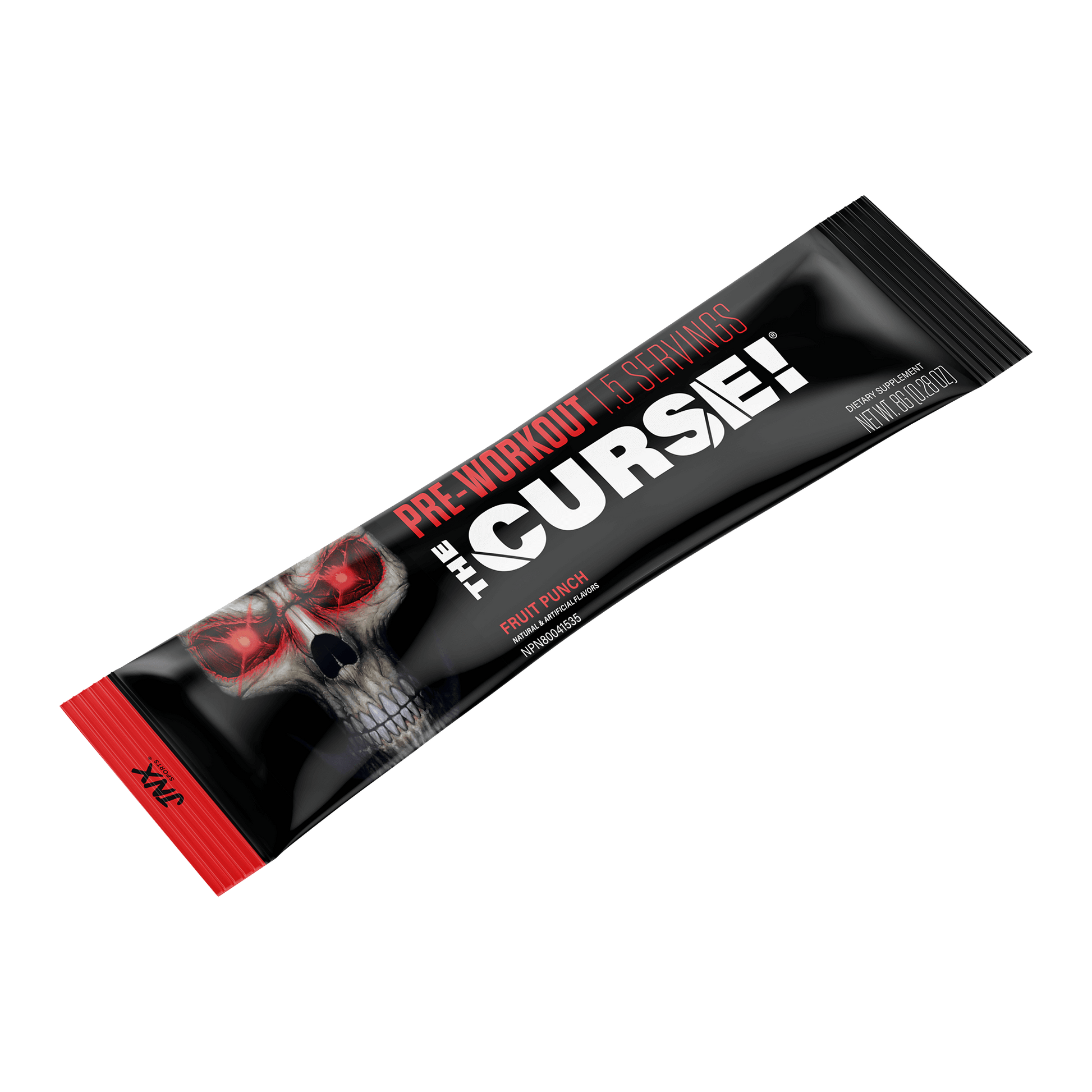The Curse Pre-Workout Stick in a Fruit Punch flavor packaging, showcasing a skull design.