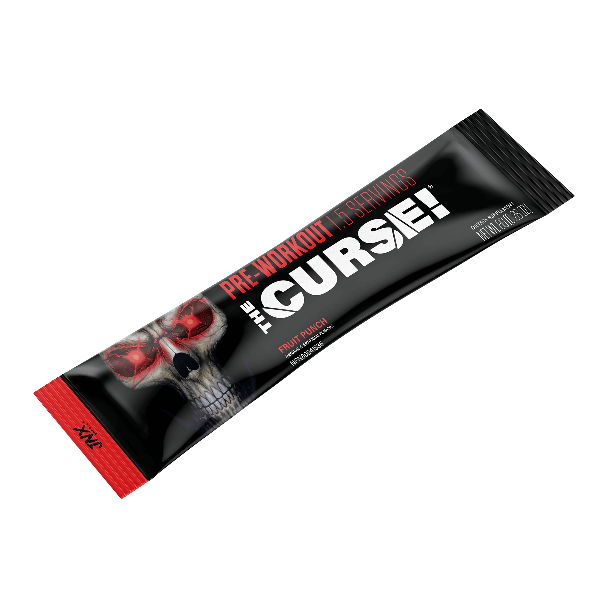 The Curse Pre-Workout Stick in a Fruit Punch flavor packaging, showcasing a skull design.