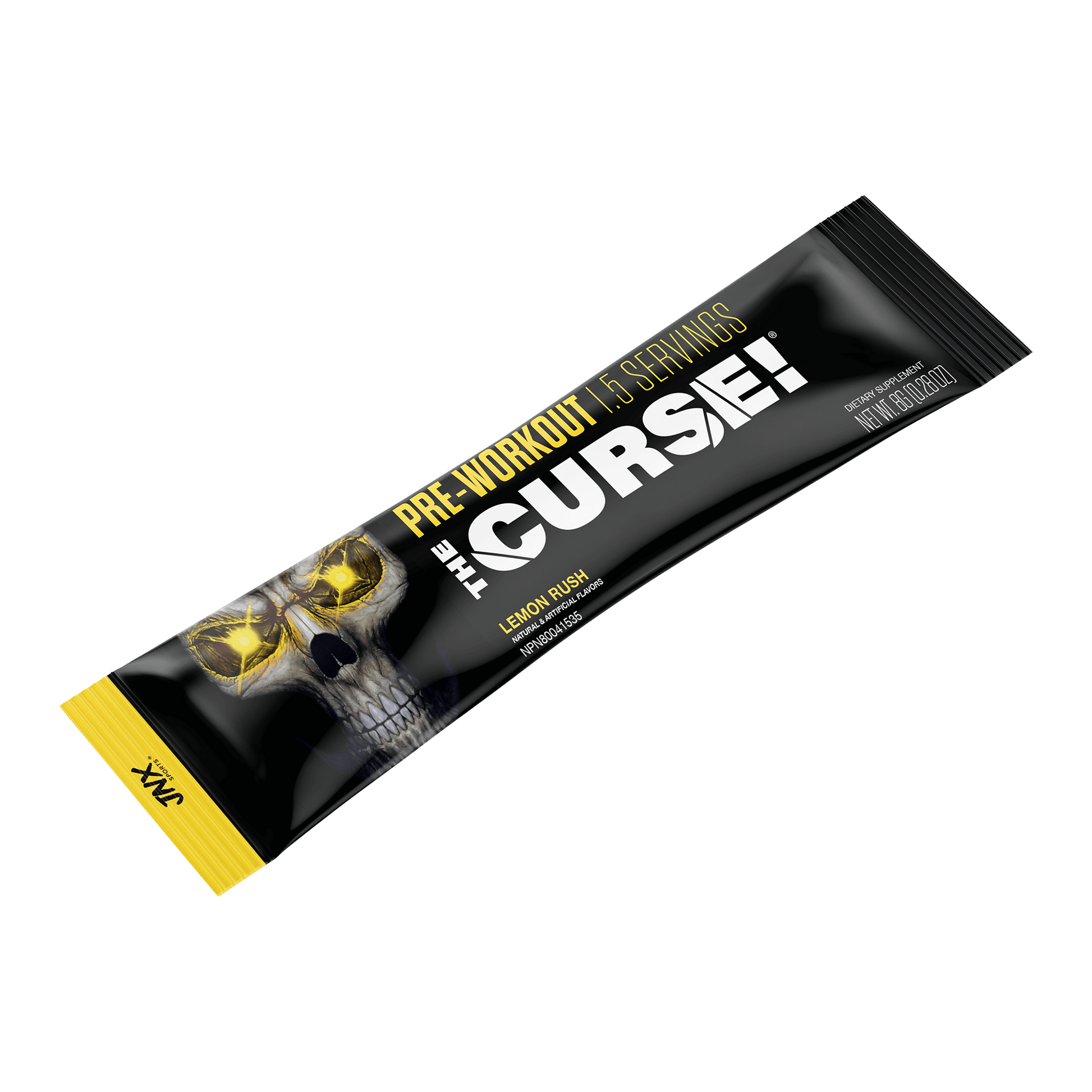 The Curse Pre-Workout Stick in a single serve packaging, offering energy and stamina for workouts.