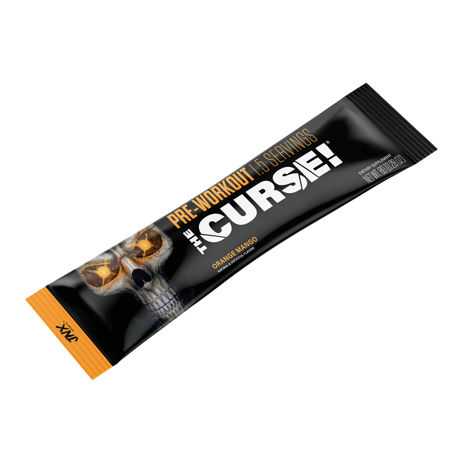The Curse Pre-Workout Stick in Orange Mango flavor, featuring a striking skull design on the packaging.