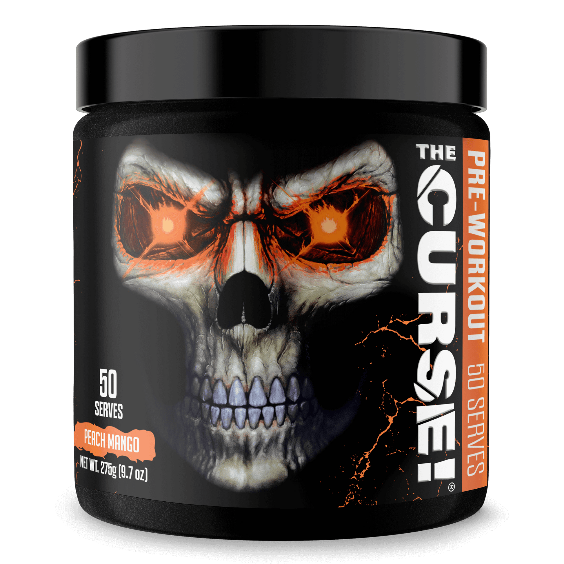 The Curse Pre-Workout peach mango flavor in a black container with skull design, offering 50 servings for intense energy and strength.