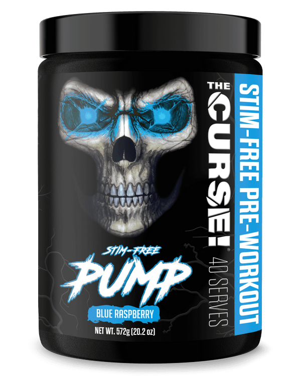 The Curse Stim-Free Pump Blue Raspberry pre-workout supplement for intense muscle pumps without stimulants.