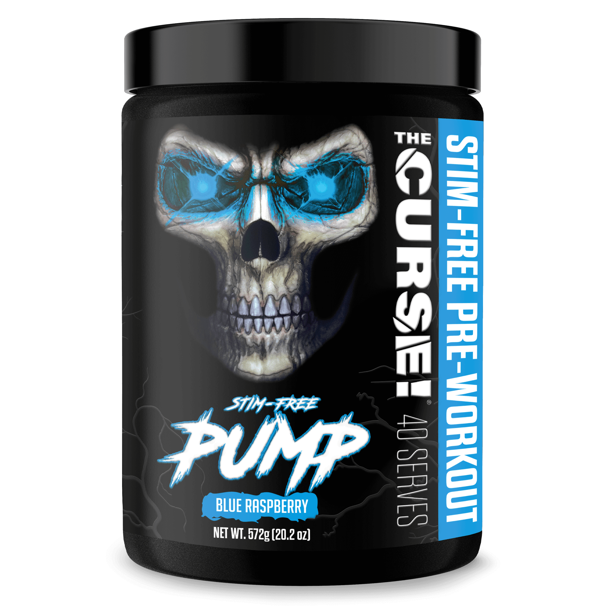 The Curse Stim-Free Pump Blue Raspberry pre-workout supplement for intense muscle pumps without stimulants.