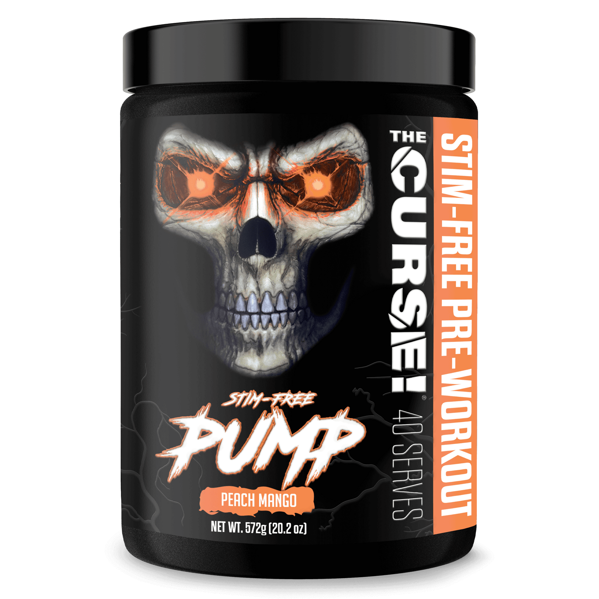 The Curse Stim-Free Pump pre-workout in Peach Mango flavor, 40 servings, stimulant-free muscle pump.
