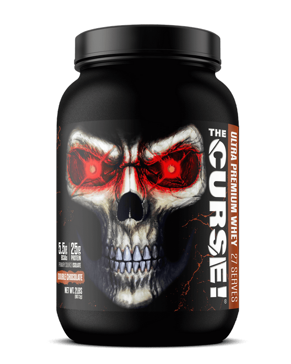 The Curse Ultra Premium Whey - 2lb container featuring a skull design and showcasing 25g protein per serving.