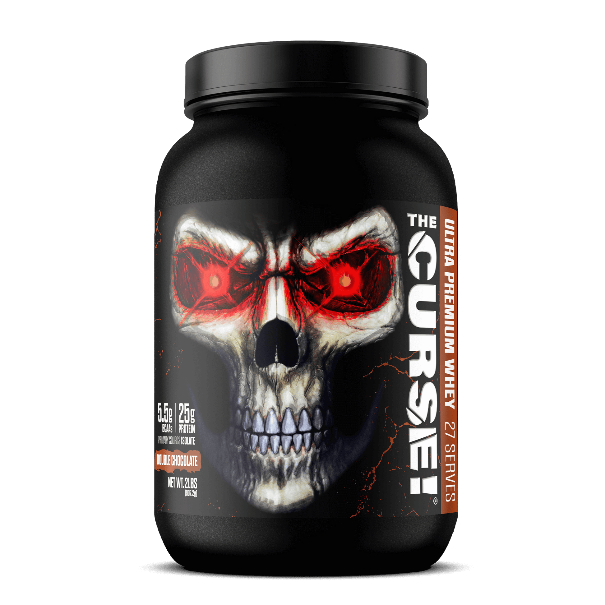 The Curse Ultra Premium Whey - 2lb container featuring a skull design and showcasing 25g protein per serving.