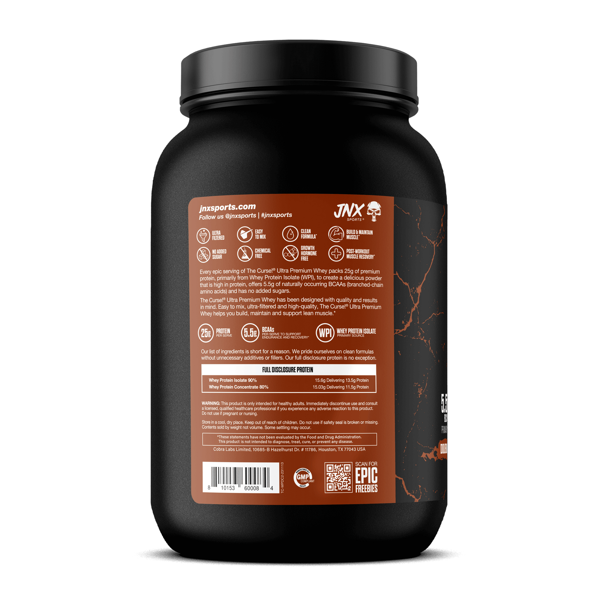 The Curse Ultra Premium Whey - 2lb product container showcasing nutrition facts and ingredients on the back.