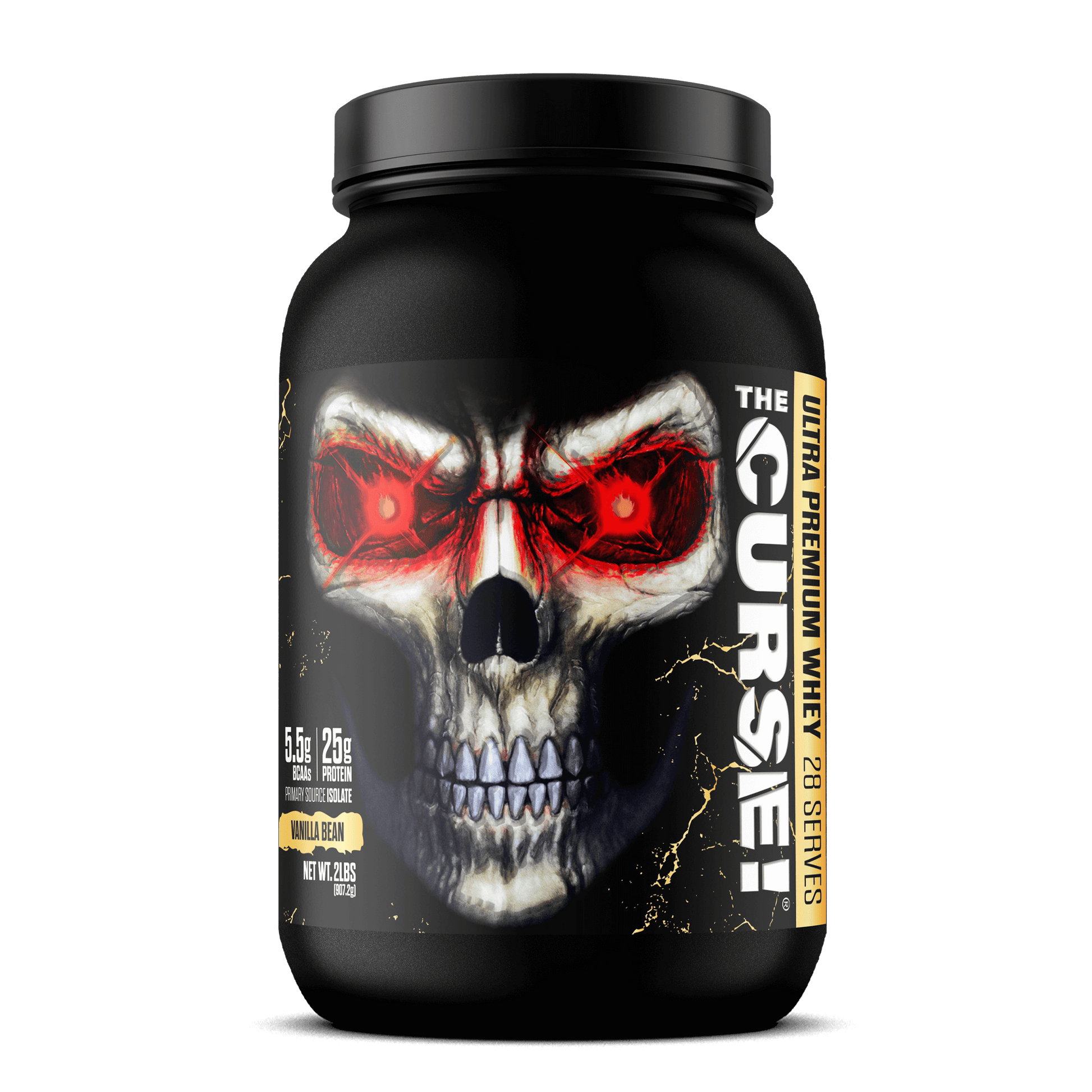 The Curse Ultra Premium Whey - 2lb container featuring skull design, 25g protein per serving, 5.5g BCAAs.