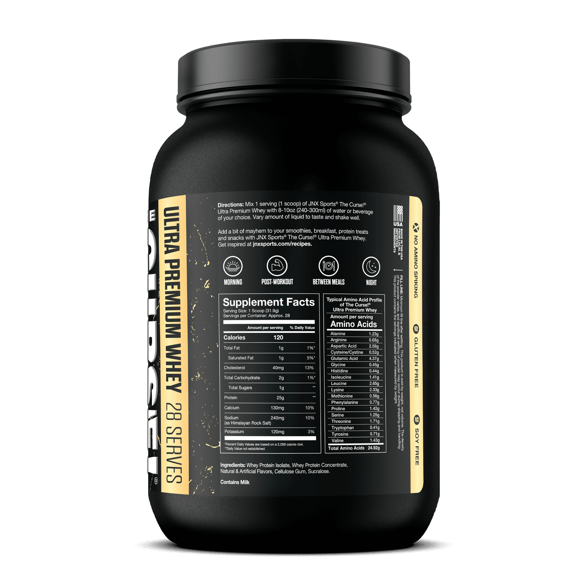 The Curse Ultra Premium Whey - 2lb supplement facts label showcasing protein content and nutritional information.