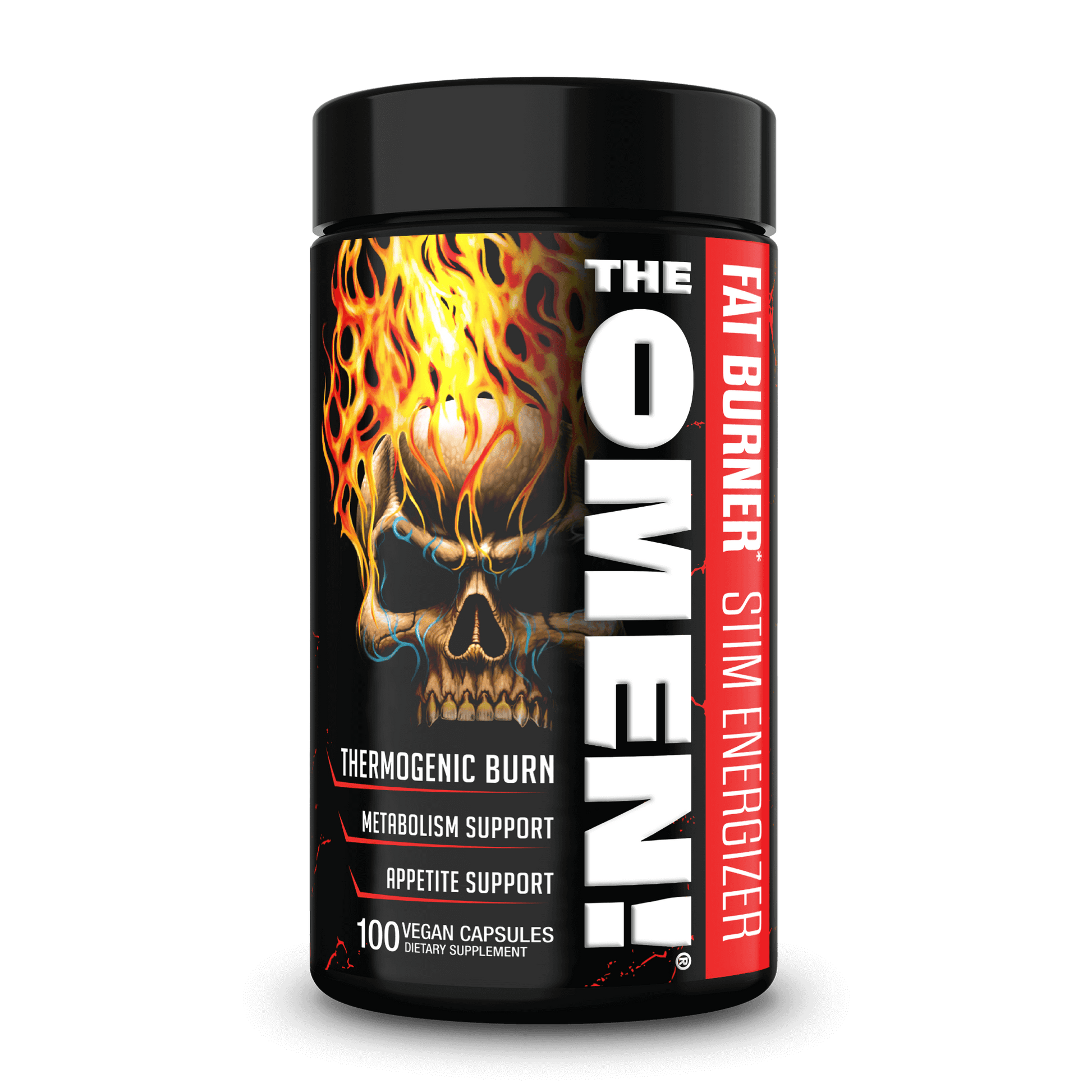 The Omen Fat Burner product packaging showcasing thermogenic burn and appetite support in a stylish design.