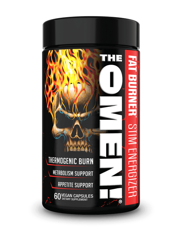 The Omen Fat Burner bottle with striking design and information on thermogenic burn and appetite support.