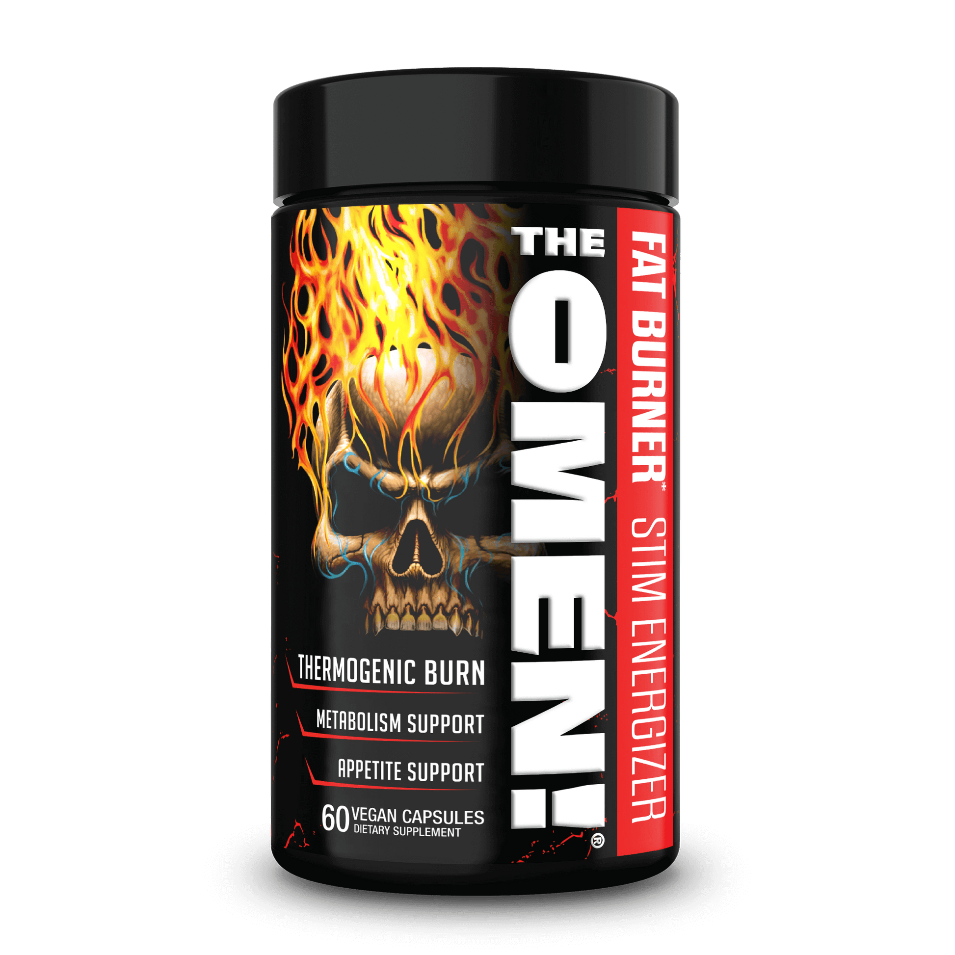 The Omen Fat Burner bottle with striking design and information on thermogenic burn and appetite support.
